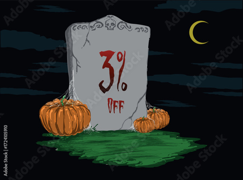 3% off Tombstone sticker with pumpkins at night with a half moon in the sky - Halloween
