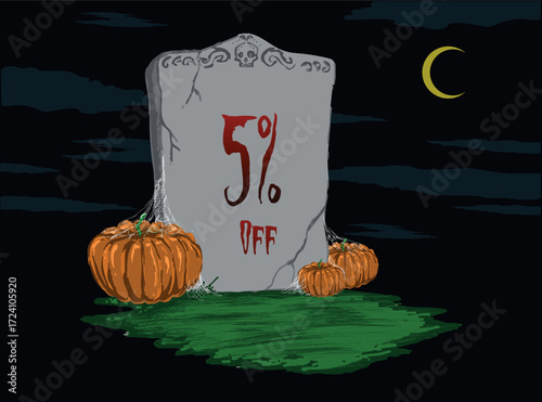 5% off Tombstone sticker with pumpkins at night with a half moon in the sky - Halloween