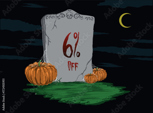 6%off Tombstone sticker with pumpkins at night with a half moon in the sky - Halloween