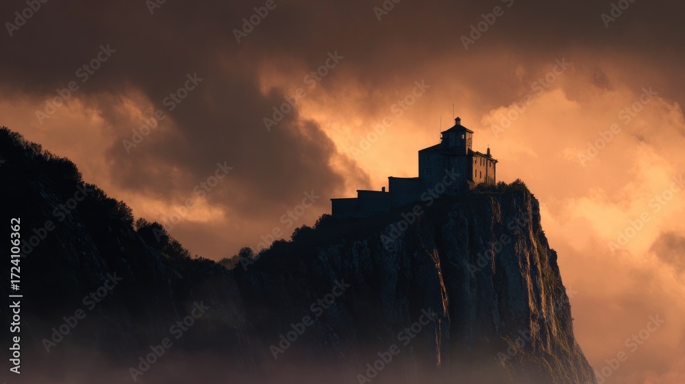 Obraz premium Mountaintop lighthouse at sunset