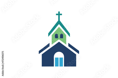 Blue and green church building with cross and transparent background stands alone clearly