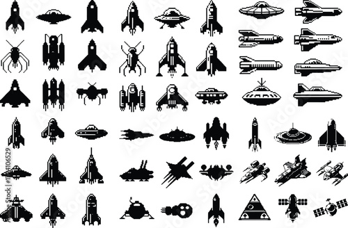 Pixel Art Retro Spacecraft Silhouette Icon Set Retro Pixel Spaceship and Rocket Vector Silhouettes