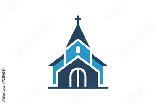 Simple blue church features a prominent cross and arched doorway on white