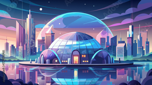 
very beautiful futuristic city protected by giant dome, showcasing modern architecture and vibrant lights reflecting on water. scene evokes sense of wonder and innovation