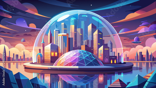 
very beautiful futuristic city protected by giant dome, showcasing modern architecture and vibrant lights reflecting on water. scene evokes sense of wonder and innovation