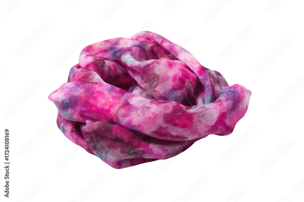 Fototapeta premium Pink and purple floral patterned silk scarf, loosely draped, isolated on transparent background. background removed