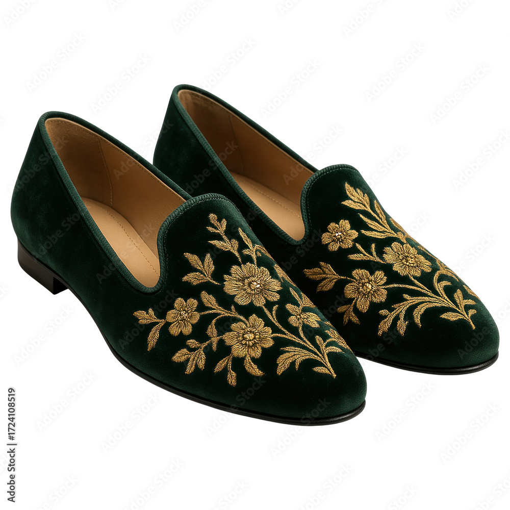 Obraz premium Elegant Green Velvet Slippers with Intricate Gold Floral Embroidery Design