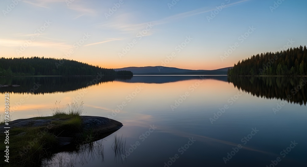 Fototapeta premium Serene Sunset Reflection: Tranquil Lake, Forest Silhouette, Peaceful Evening Mood
