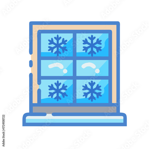 Blue window icon with white snowflakes on glass.