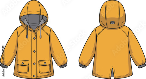 Kids hooded raincoat CAD flat sketch with drawstring hood, button placket, patch pockets, front and back view, children’s jacket technical drawing, fashion apparel design vector