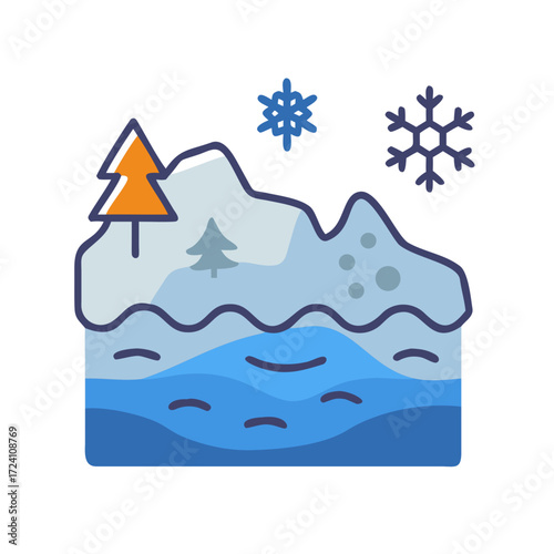 Snowy mountain icon with gray rocks, blue snow, orange tree, and blue snowflakes