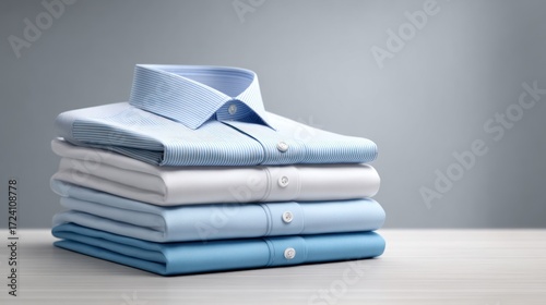 Stack of neatly folded shirts in shades of blue and white