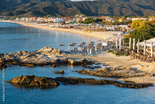 Sunrise colors illuminating Sarti Beach, Halkidiki, Greece