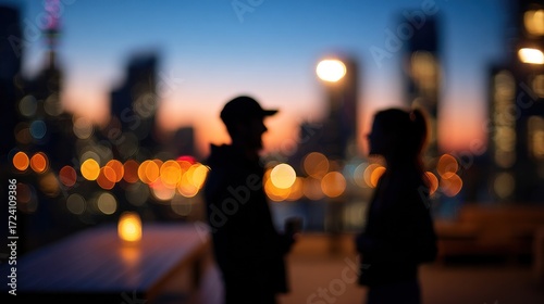 Silhouettes of a couple converse outdoors at sunset against a blurred cityscape
