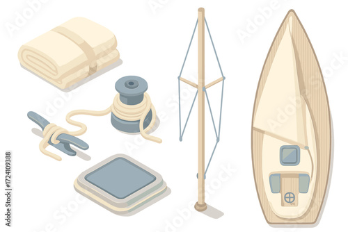 Sailboat Equipment Icons. Isometric vector illustration set Sailboat Equipment: folded sailcloth bundle, mast with attached