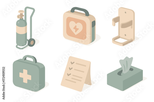 Cabin Safety Tools Icons. Isometric vector illustration set Cabin Safety Tools: oxygen bottle on cart, defibrillator pack, fire
