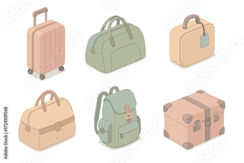 Travel Luggage Variety. Isometric vector illustration set Travel Luggage Variety: hard shell suitcase with wheels, duffel bag with