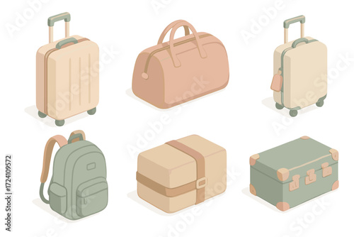 Travel Luggage Variety. Isometric vector illustration set Travel Luggage Variety: hard shell suitcase with wheels, duffel bag with