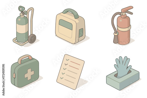 Cabin Safety Tools Icons. Isometric vector illustration set Cabin Safety Tools: oxygen bottle on cart, defibrillator pack, fire