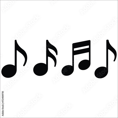 A modern graphic display of black musical notes on a white background, representing sound, rhythm, and melody for creative and educational design applications