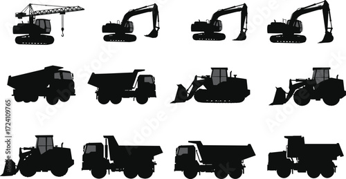Construction machinery silhouettes, heavy equipment icons, excavator, bulldozer, crane, dump truck, loader, industrial vehicles, construction tools, building equipment, engineering machines