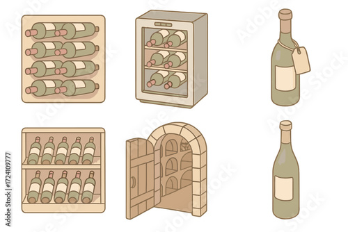 Wine Storage Icons. Isometric vector illustration set Wine Storage and Selection: wall wine rack with bottles,