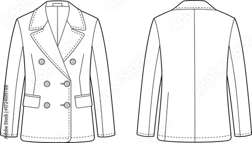 Double-breasted blazer sketch, fashion illustration, notched lapel, chest welt pocket, flap pockets, sewing pattern, garment construction, apparel template, drawing