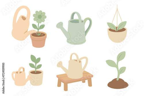 Decorative Watering Cans. Isometric vector illustration set Decorative Plant Watering: designer watering can shape, painted can