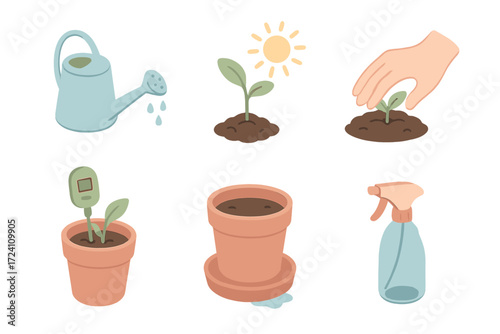 Plant Care Icons. Isometric vector illustration set Plant Care Routine: watering can next to seedlings, sun shining on sprout,