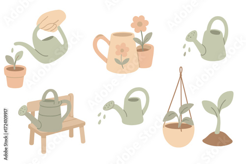 Decorative Watering Cans. Isometric vector illustration set Decorative Plant Watering: designer watering can shape, painted can