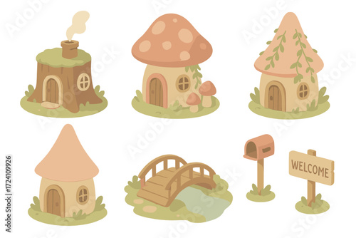 Miniature Gnome Homes. Isometric vector illustration set Miniature Gnome Homes: stump house with chimney, clay mushroom cottage,