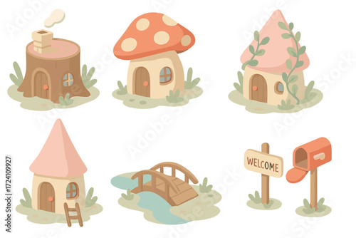 Miniature Gnome Homes. Isometric vector illustration set Miniature Gnome Homes: stump house with chimney, clay mushroom cottage,