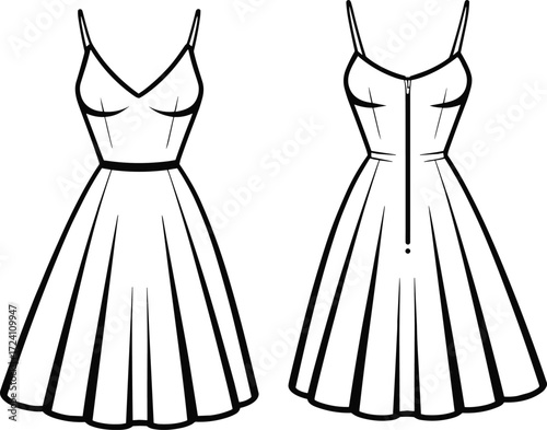 Fashion illustration, sleeveless dress design, technical sketch, V-neck garment, flared skirt, fitted bodice, sewing pattern, stylish apparel template