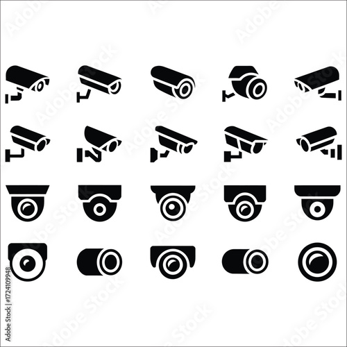 Set of black security camera icons isolated on white background, security surveillance technology