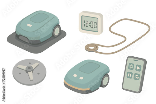 Robotic Mower Setup. Isometric vector illustration set Robotic Mower Setup: mower on charging base, digital timer screen,