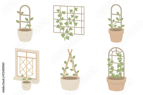 Indoor Trellis Designs. Isometric vector illustration set Indoor Trellis for Houseplants: mini trellis in ceramic pot, ivy
