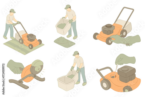 Lawn Care Icons. Isometric vector illustration set Lawn Maintenance Routine: mowing stripes in lawn, bagging grass clippings,