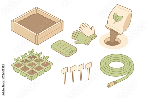 Outdoor Transplant Essentials. Isometric vector illustration set Outdoor Transplant Setup: raised bed half-filled with soil,