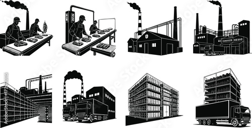 Industrial factory production process with workers, conveyor belt, logistics, warehouses, trucks, storage, distribution, supply chain, manufacturing, transportation, shipping