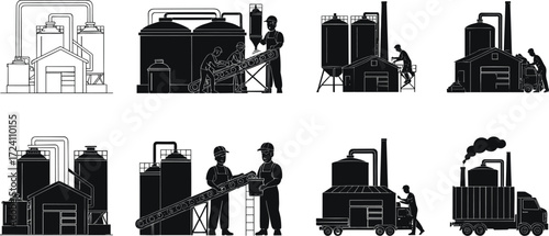 Industrial factory icons with workers, refinery equipment, production plant, processing units, manufacturing machinery, industrial truck, silo, and pipeline system