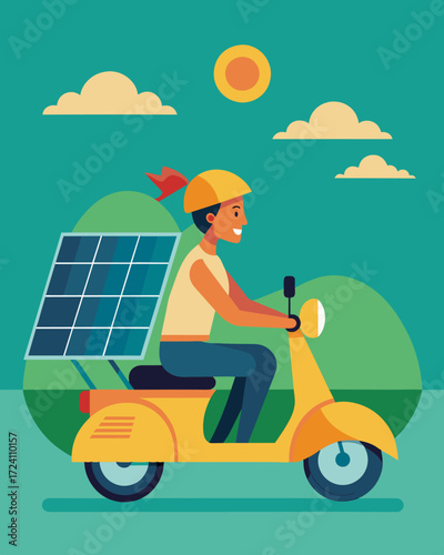 An environmentallyconscious commuter on a solarpowered electric scooter whizzes past busy traffic powered by renewable energy and a sense of responsibility towards the planet.. Vector illustration