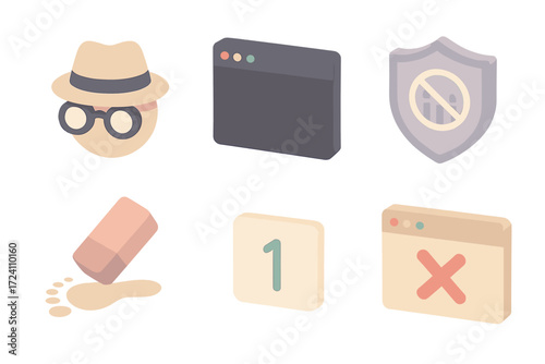 Incognito Browsing Icons. Isometric vector illustration set Private browsing mode: incognito face with glasses, dark browser