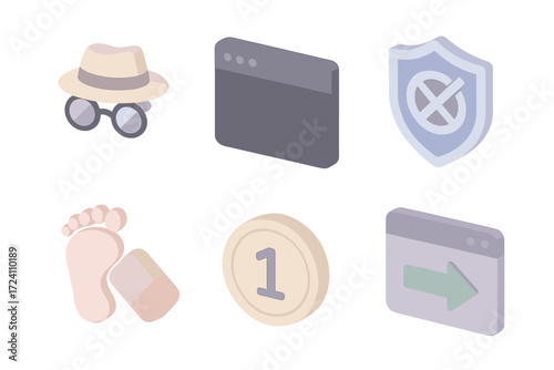 Incognito Browsing Icons. Isometric vector illustration set Private browsing mode: incognito face with glasses, dark browser