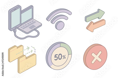 Data Transfer Icons. Isometric vector illustration set File transfer in progress: USB cable connecting devices, wireless transfer