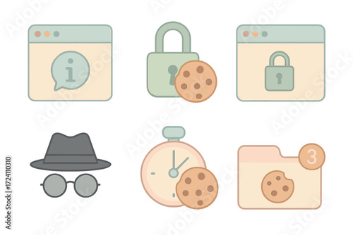 Browser Cookie Features Icons. Isometric vector illustration set Browser cookie handling features: site info dropdown, lock icon