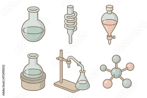 Organic Chemistry Lab Icons. Isometric vector illustration set Organic chemistry lab icons: round-bottom flask with solution,