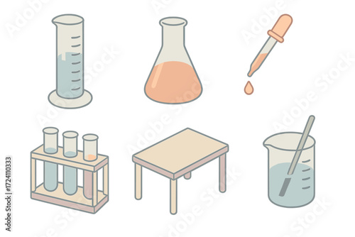 Chemistry Lab Equipment. Isometric vector illustration set Chemistry lab equipment: graduated cylinder with measurement lines,