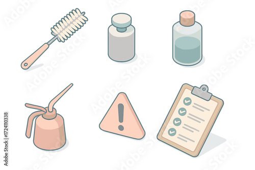 Centrifuge Maintenance Essentials. Isometric vector illustration set Centrifuge maintenance tools: tube brush cleaner, calibration