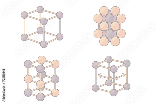 Crystal Structures Collection. Isometric vector illustration set Crystal and solid structures: cubic crystal lattice, hexagonal