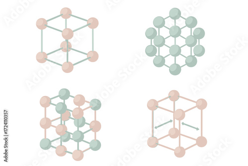 Crystal Structures Collection. Isometric vector illustration set Crystal and solid structures: cubic crystal lattice, hexagonal